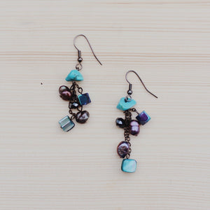 genuine turquoise, pearl stones dangle hook earrings-Accessories