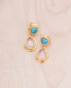 Bali Queen, Gemstone, rose quartz and turquoise teardrop earrings-Bali Queen
