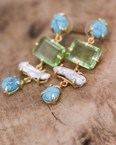 -Resort WearBali Queen, Gemstone, turquoise and pearl 4 tier earrings