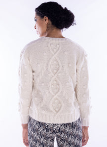 Mia Peru, sustainable alpaca, cable knit crew neck sweater with poms-Outerwear
