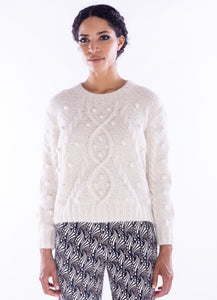 Mia Peru, sustainable alpaca, cable knit crew neck sweater with poms-Sweaters
