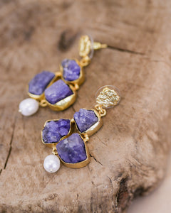 -Bali Queen, Gemstone, raw chalcedony and pearl earrings