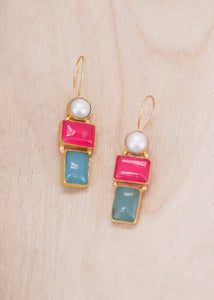 Bali Queen, Gemstone pearl and chalcedony 3 tier hook earrings-Resort Wear