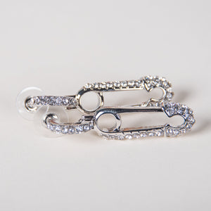 crystal safety pin earrings in white gold tone-Promo Eligible