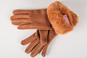 faux fur touchscreen ladies gloves in bronze-