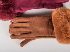 faux fur touchscreen ladies gloves in mustard-Winter Gloves