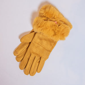 faux fur touchscreen ladies gloves in mustard-