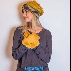 faux fur touchscreen ladies gloves in mustard-Accessories