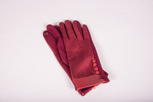 faux suede touchscreen ladies gloves with buttons in burgundy-