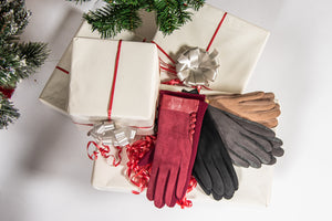 faux suede touchscreen ladies gloves with buttons in charcoal-Winter Gloves