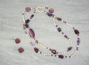genuine ameythst , pearl semiprecious beads long necklace-Accessories