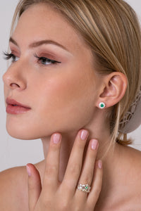 Silver sterling silver, Columbian emerald, cubic zirconian flower earrings-High End