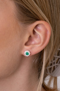 Silver sterling silver, Columbian emerald, cubic zirconian flower earrings-Accessories