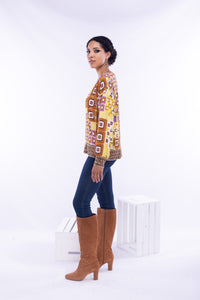 Aldo Martins, Viscose, 70's geometric print blouse with contrast sweater knit trim-