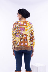Aldo Martins, Viscose, 70's geometric print blouse with contrast sweater knit trim-