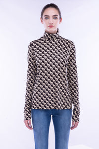 -Italian Designer CollectionMaliparmi, wool blend knit, turtle neck top in flamboyant fan print- Italian Designer Collection