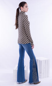 Maliparmi, wool blend knit, turtle neck top in flamboyant fan print- Italian Designer Collection-Promo Eligible