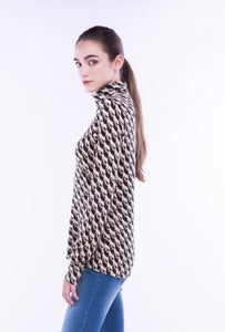 Maliparmi, wool blend knit, turtle neck top in flamboyant fan print- Italian Designer Collection-High End Tops