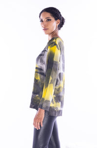 Melarosa, Silk, hand painted round neck blouse in mustard watercolor print-Italian Designer Collection-High End