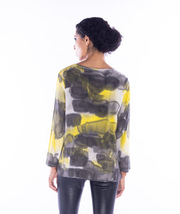 Melarosa, Silk, hand painted round neck blouse in mustard watercolor print-Italian Designer Collection-High End Tops